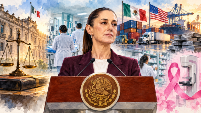 Claudia Sheinbaum en el atril presidencial con símbolos de salud, comercio y justicia