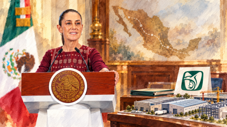 Acuarela de Sheinbaum en el atril con mapa, tarjeta del IMSS y maquetas industriales