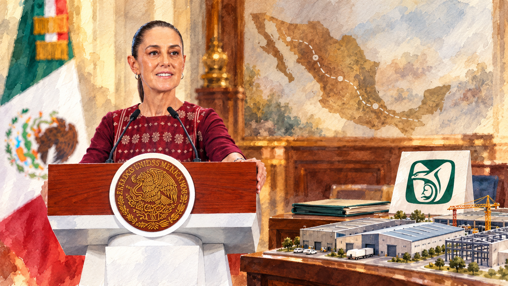 Acuarela de Sheinbaum en el atril con mapa, tarjeta del IMSS y maquetas industriales