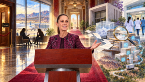 Ilustración en acuarela de la presidenta en el atril de Palacio Nacional, con escenas de Chihuahua, el INE, un aeropuerto y hospitales al fondo.