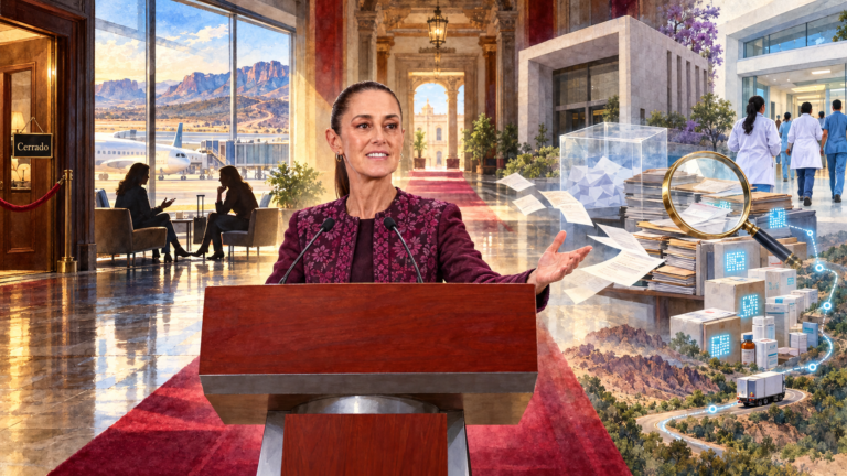 Ilustración en acuarela de la presidenta en el atril de Palacio Nacional, con escenas de Chihuahua, el INE, un aeropuerto y hospitales al fondo.