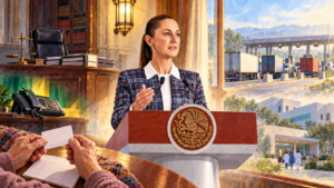 Acuarela de Sheinbaum en el atril con escenas de INE, carreteras, pensiones, hospital y Brasil