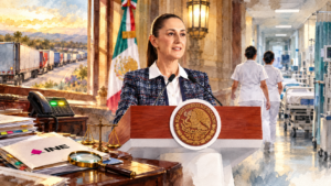 Acuarela de Sheinbaum en el atril con escenas de hospital, INE, carreteras y Brasil