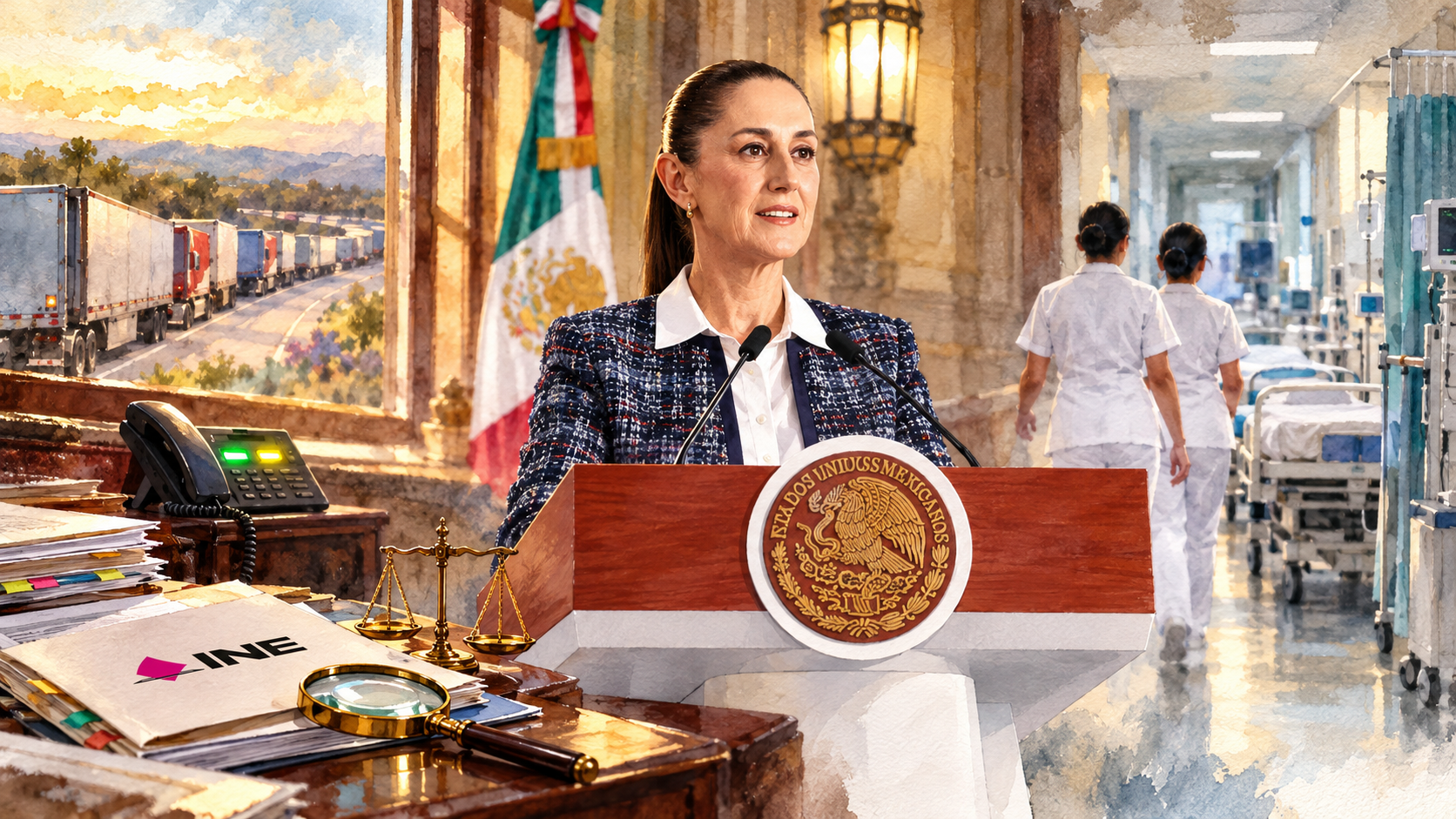 Acuarela de Sheinbaum en el atril con escenas de hospital, INE, carreteras y Brasil