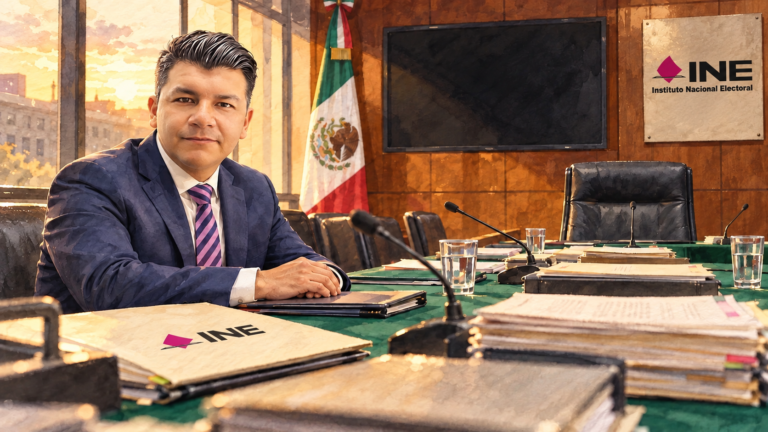 Mesa de comisión legislativa con micrófonos, expedientes apilados y una silla vacía en San Lázaro