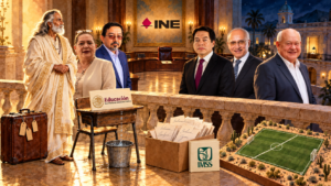 Gurú en acuarela observa una silla vacía de árbitro electoral entre señales políticas del día