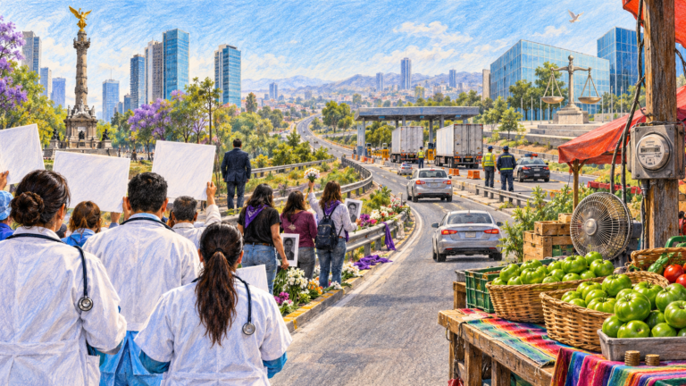 Ilustración en lápices de color de una avenida panorámica con trabajadores de salud, autopista, tráileres, mercado y justicia internacional