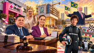 Acuarela con el edificio del INE, un juez, un hospital, un tablero del IMSS, Lula y un auto de F1
