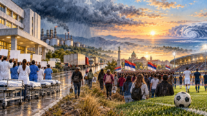 Acuarela panorámica con personal de salud, madres buscadoras, tormenta y estadio iluminado