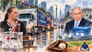 Acuarela de tráileres detenidos, lluvia sobre Reforma, urnas de votación y un diamante de beisbol