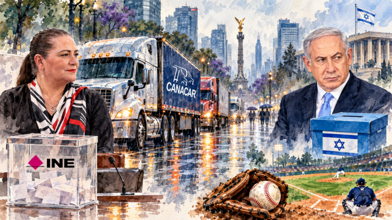 Acuarela de tráileres detenidos, lluvia sobre Reforma, urnas de votación y un diamante de beisbol