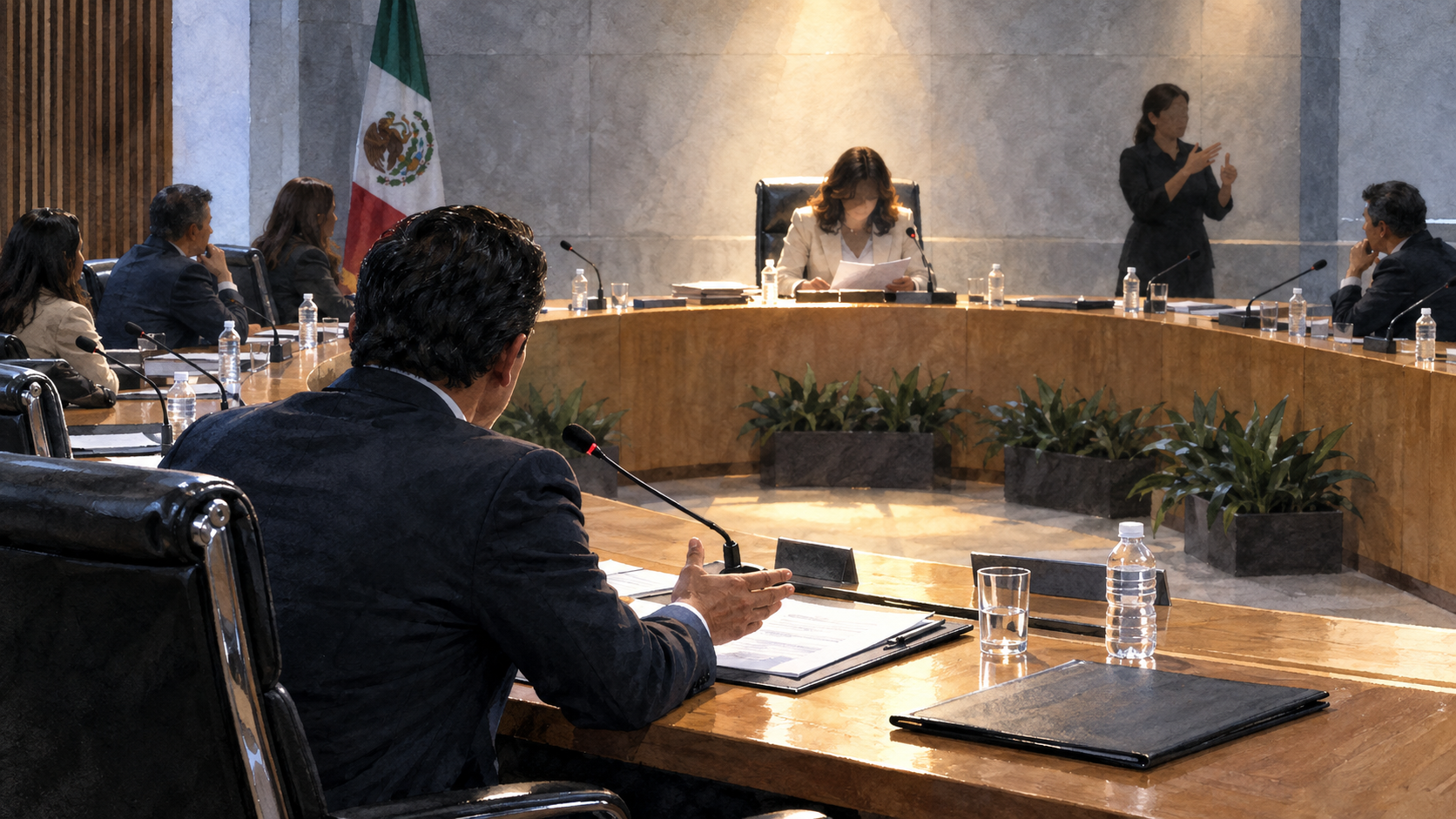 Sala de sesiones del Consejo General con micrófonos, documentos y representantes de partidos